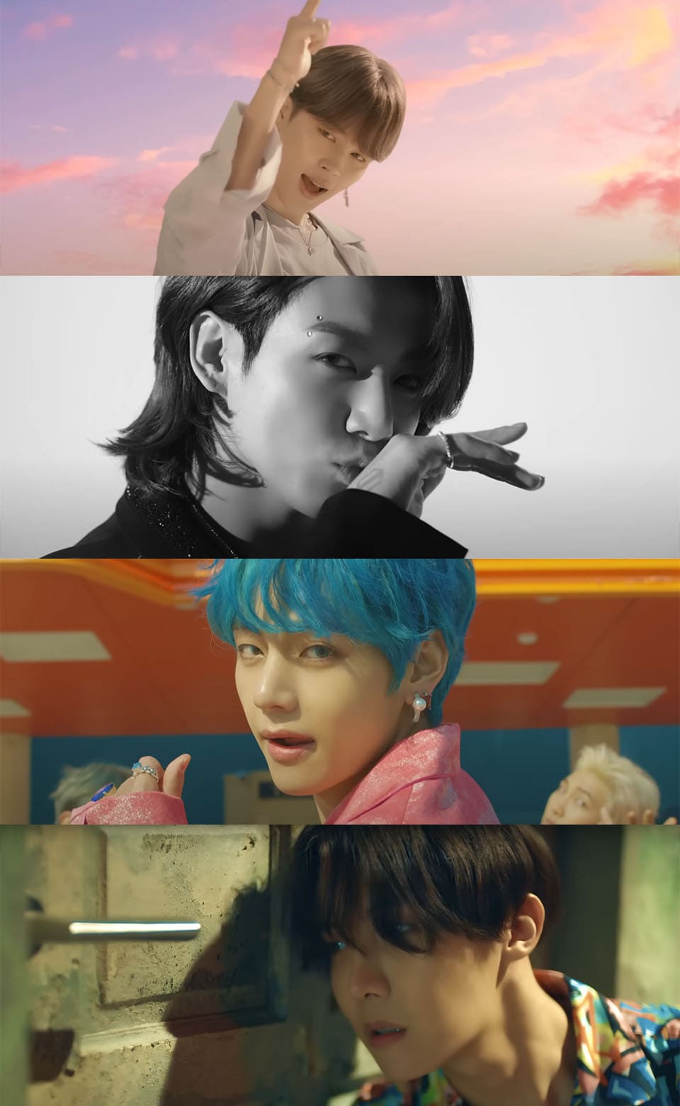 Imagem: Dynamite (Jimin), Butter (Jungkook), Boy With Luv (V), MV FAKE LOVE (J-Hope) ⓒ YouTube'HYBE LABELS'