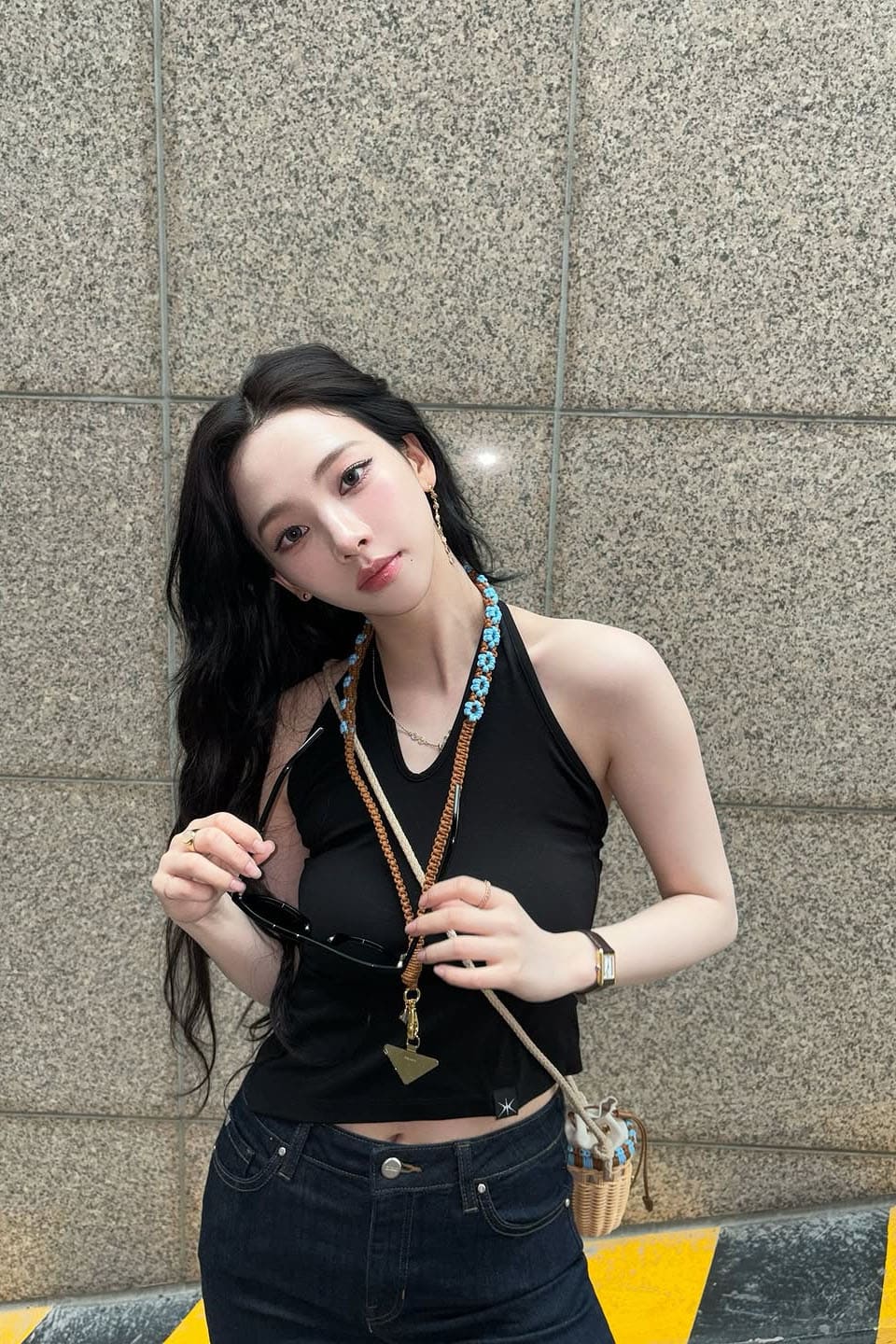 aespa's Karina Stuns in Chic Black Halter Top and Denim Look