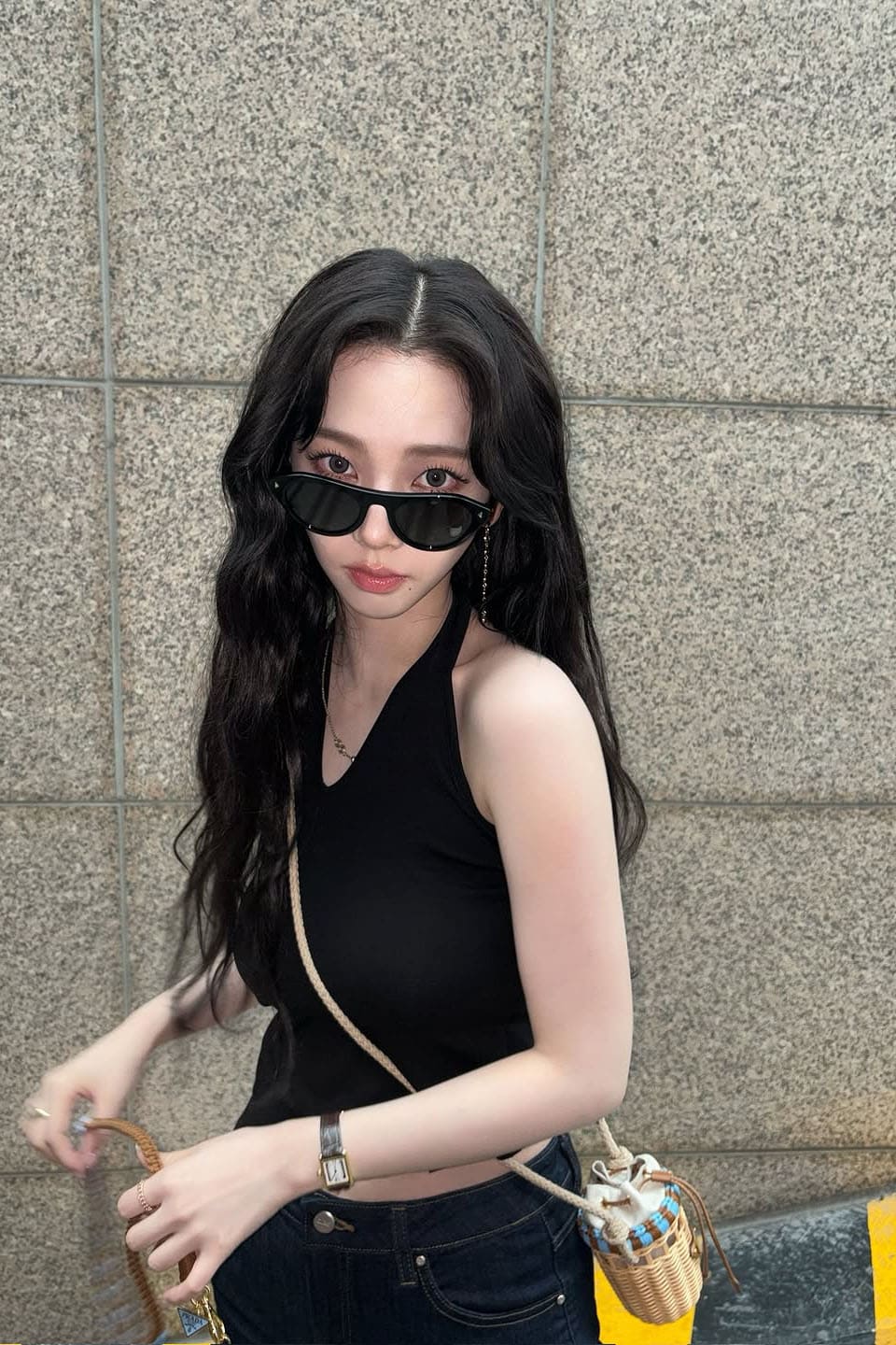 aespa's Karina Stuns in Chic Black Halter Top and Denim Look