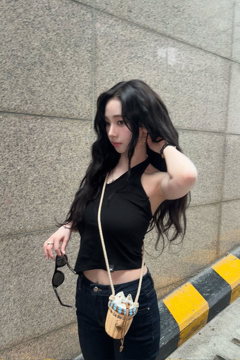 aespa's Karina Stuns in Chic Black Halter Top and Denim Look