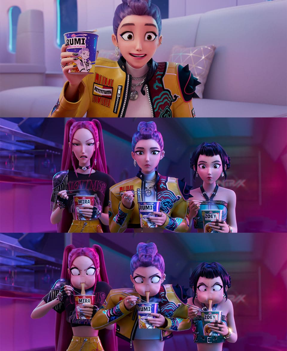 Image : A scene from 'K-POP Demon Hunters' where main characters Rumi, Mira, and Zoey are eating snacks reminiscent of Saewookkang and Shin Ramyun. ⓒ Netflix