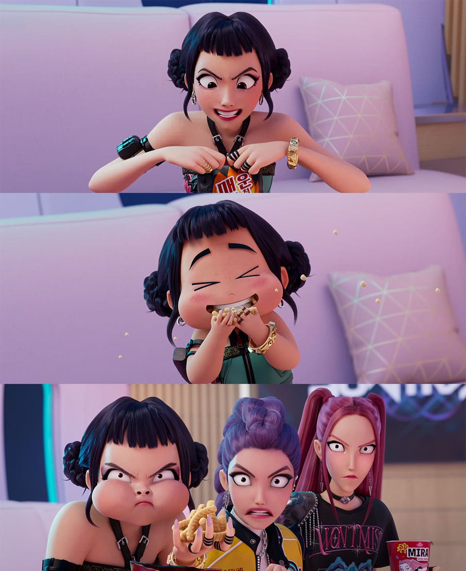 Image : A scene from 'K-POP Demon Hunters' where main characters Rumi, Mira, and Zoey are eating snacks reminiscent of Saewookkang and Shin Ramyun. ⓒ Netflix