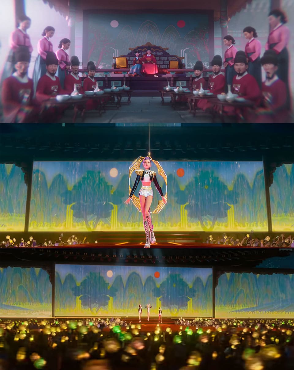 Image : A scene from the Netflix animated film "K-pop Demon Hunters," featuring the traditional Korean painting 'Ilwolobongdo' (Sun and Moon and Five Peaks) as a symbolic backdrop ⓒ Netflix