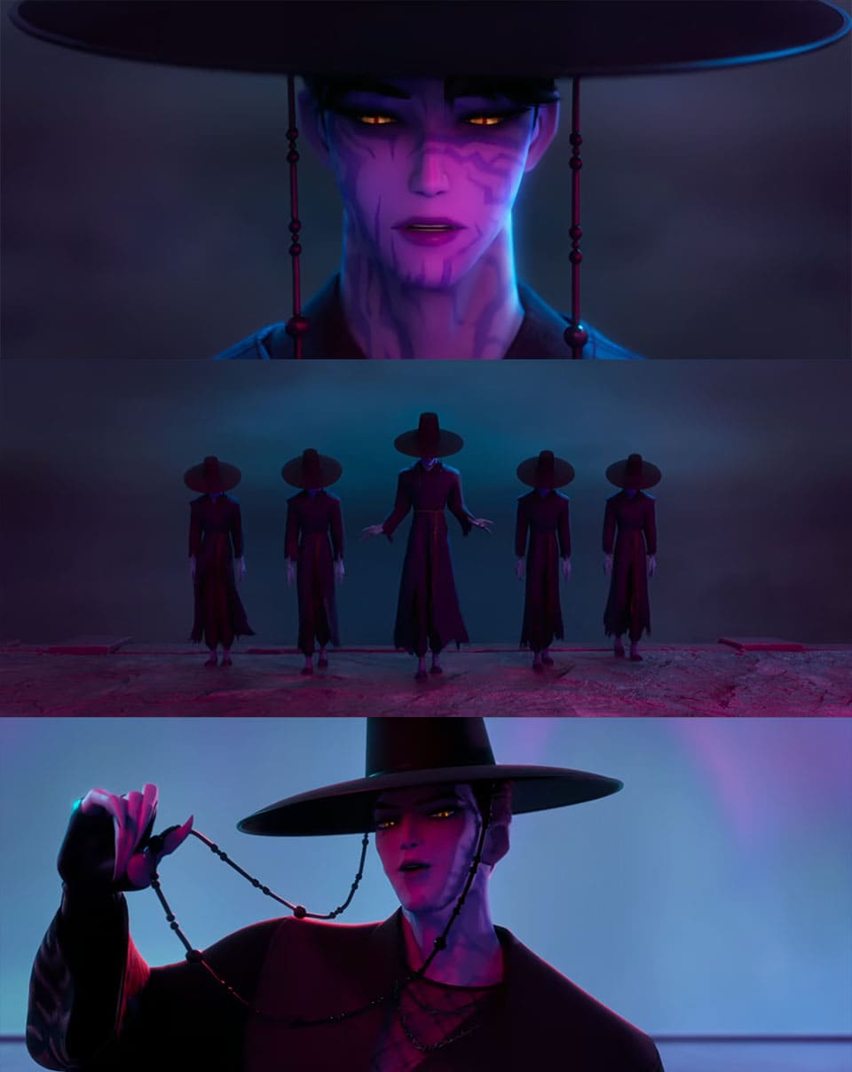 Image: A scene from the Netflix animated film "K-pop Demon Hunters," showcasing the Saja Boys in traditional Grim Reaper-inspired attire, featuring black robes and Korean gat hats ⓒ Netflix