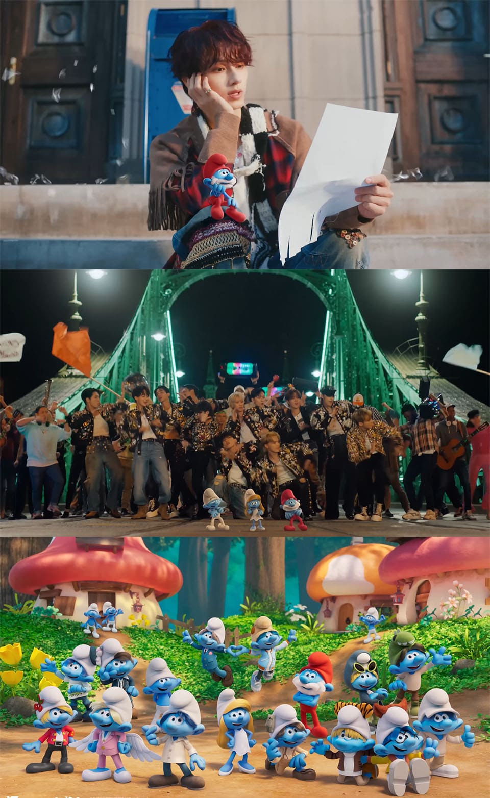 Image : SEVENTEEN | THE SMURFS Ver. 'God of Music (음악의 신)' Official MV ⓒ YouTube channel 'SEVENTEEN' and 'The Smurfs • Official Channel!'